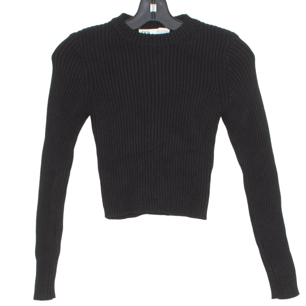 Zara Ribbed Crop Sweater Black Small Long Sleeve Crewneck Minimalist Basic Y2K
